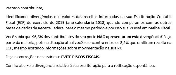 Trecho da notificação da Receita Federal sobre divergências nos valores informados na ECF do exercício de 2019
