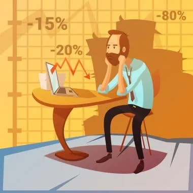 A ilustração representa um homem sentado a uma mesa enquanto olha um notebook que projeta um gráfico descendente. Ele parece desanimado com o desempenho da gestão financeira da sua empresa.
