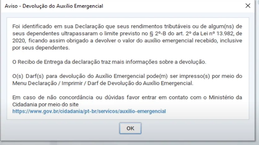Aviso do programa do imposto de renda informando a obrigação de devolver o auxílio emergencial recebido