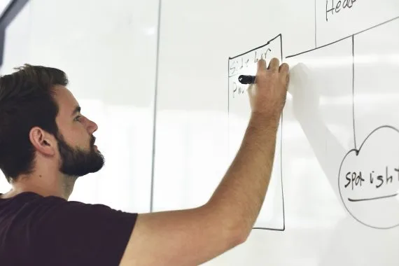 Um homem de barba e camiseta escura desenha um organograma em um quadro branco com caneta marcador na mão direita. A imagem simboliza o planejamento de metas e objetivos para melhor definição dos rumos de uma empresa.